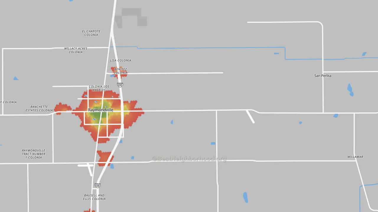 Walk Grade map of Santa Monica, TX, walkable areas in green and car-dependent areas in red