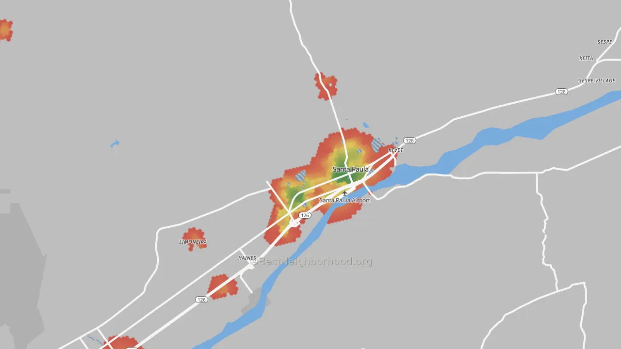 Walk Grade map of Santa Paula, CA, walkable areas in green and car-dependent areas in red