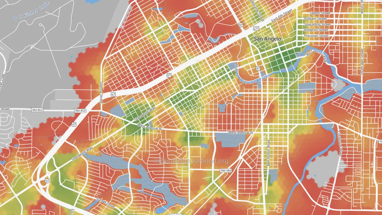 Walk Grade map of Santa Rita, San Angelo, TX, walkable areas in green and car-dependent areas in red
