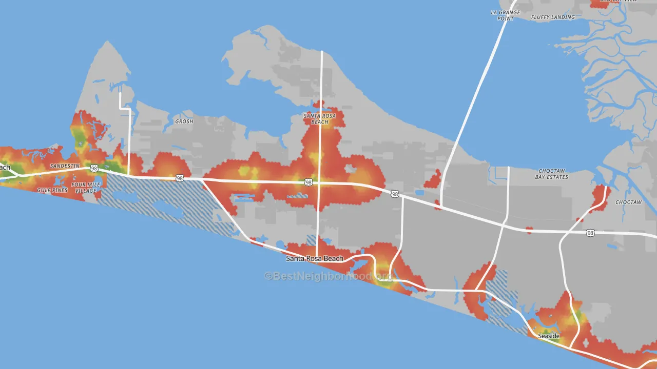 Walk Grade map of Santa Rosa Beach, FL, walkable areas in green and car-dependent areas in red