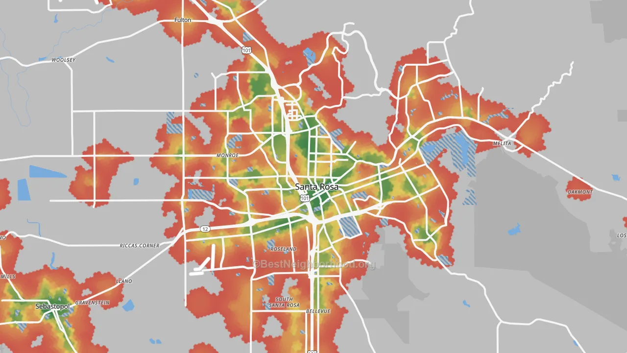 Walk Grade map of Santa Rosa, CA, walkable areas in green and car-dependent areas in red