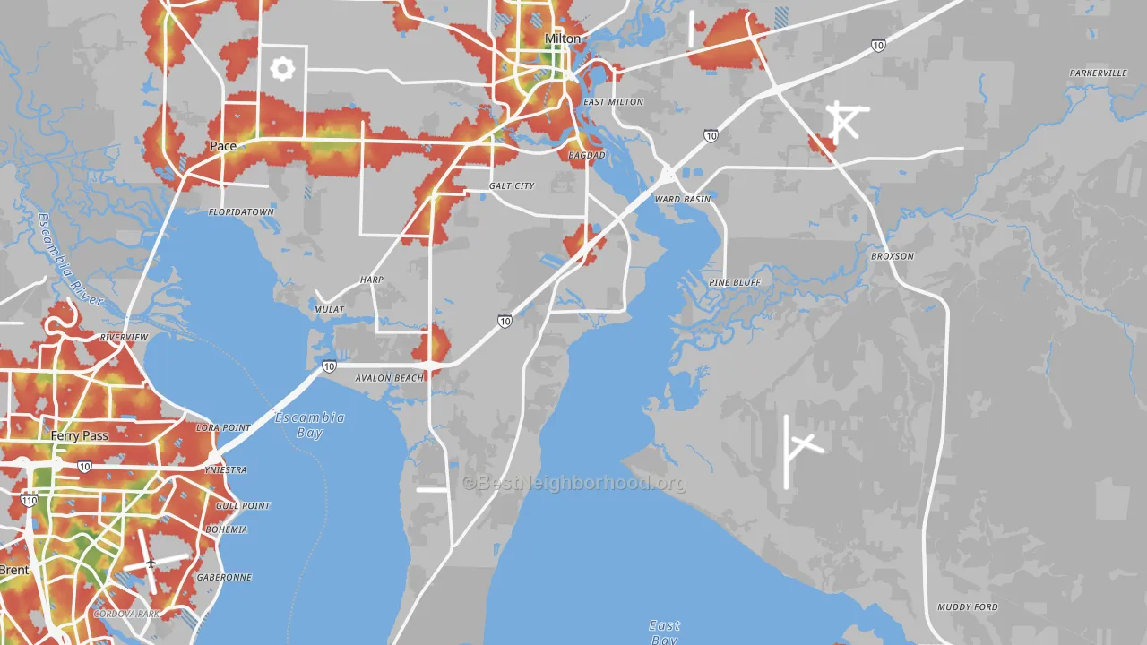 Walk Grade map of Santa Rosa County, FL, walkable areas in green and car-dependent areas in red