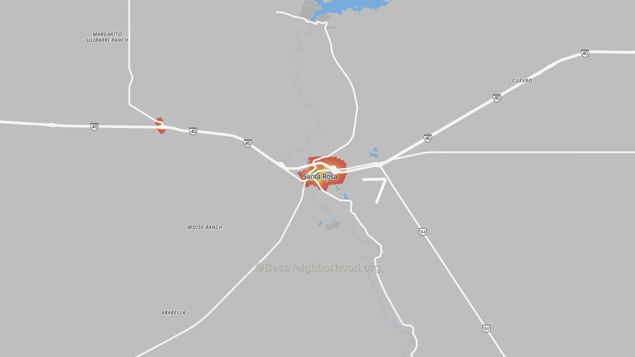 Walk Grade map of Santa Rosa, NM, walkable areas in green and car-dependent areas in red