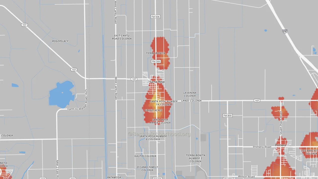 Walk Grade map of Santa Rosa, TX, walkable areas in green and car-dependent areas in red