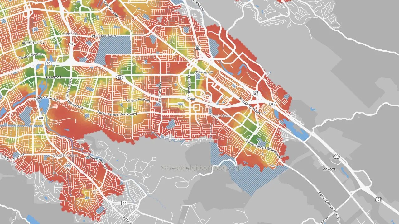 Walk Grade map of Santa Teresa, San Jose, CA, walkable areas in green and car-dependent areas in red