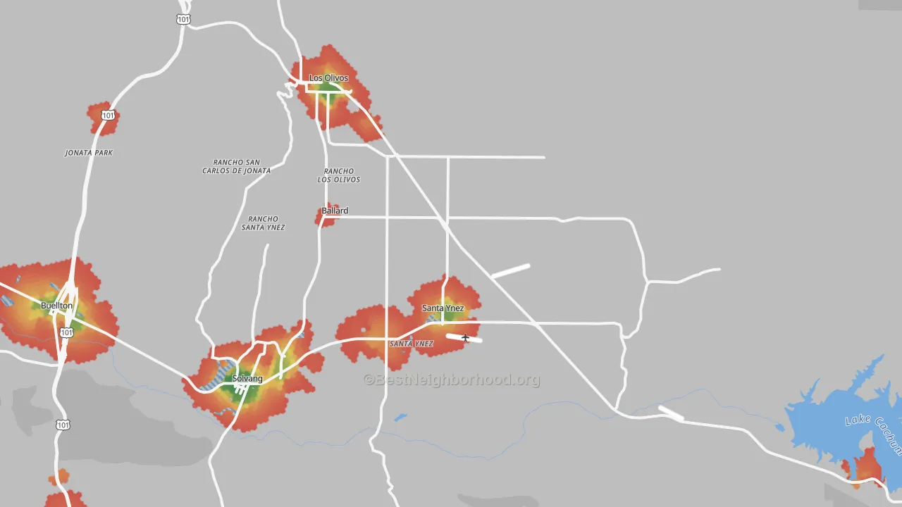 Walk Grade map of Santa Ynez, CA, walkable areas in green and car-dependent areas in red