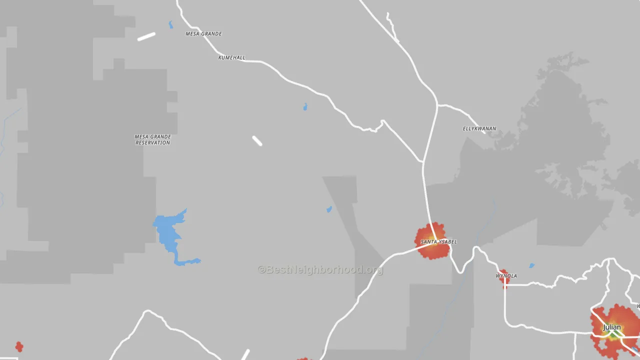 Walk Grade map of Santa Ysabel, CA, walkable areas in green and car-dependent areas in red
