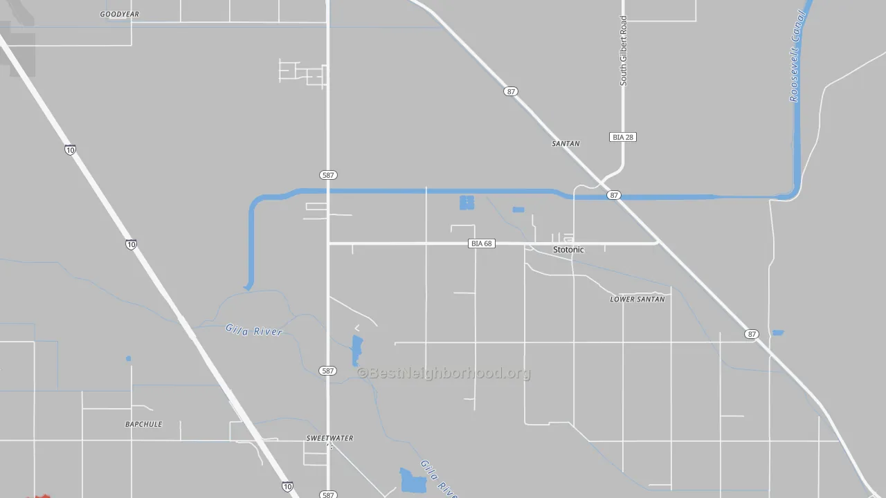 Walk Grade map of Santan, AZ, walkable areas in green and car-dependent areas in red