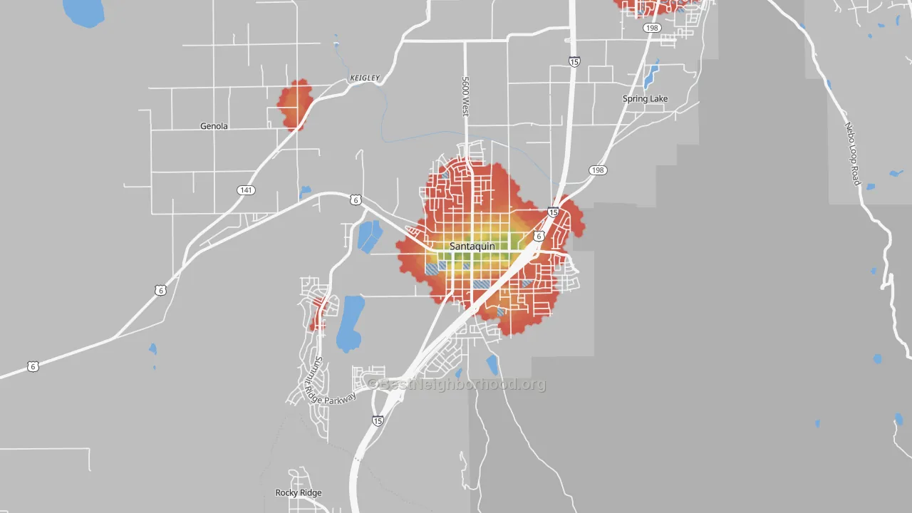 Walk Grade map of Santaquin, UT, walkable areas in green and car-dependent areas in red