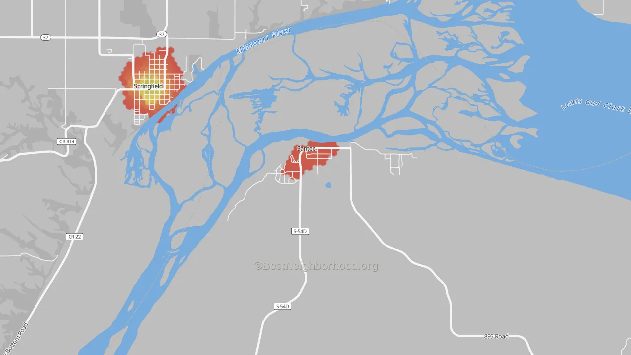 Walk Grade map of Santee, NE, walkable areas in green and car-dependent areas in red