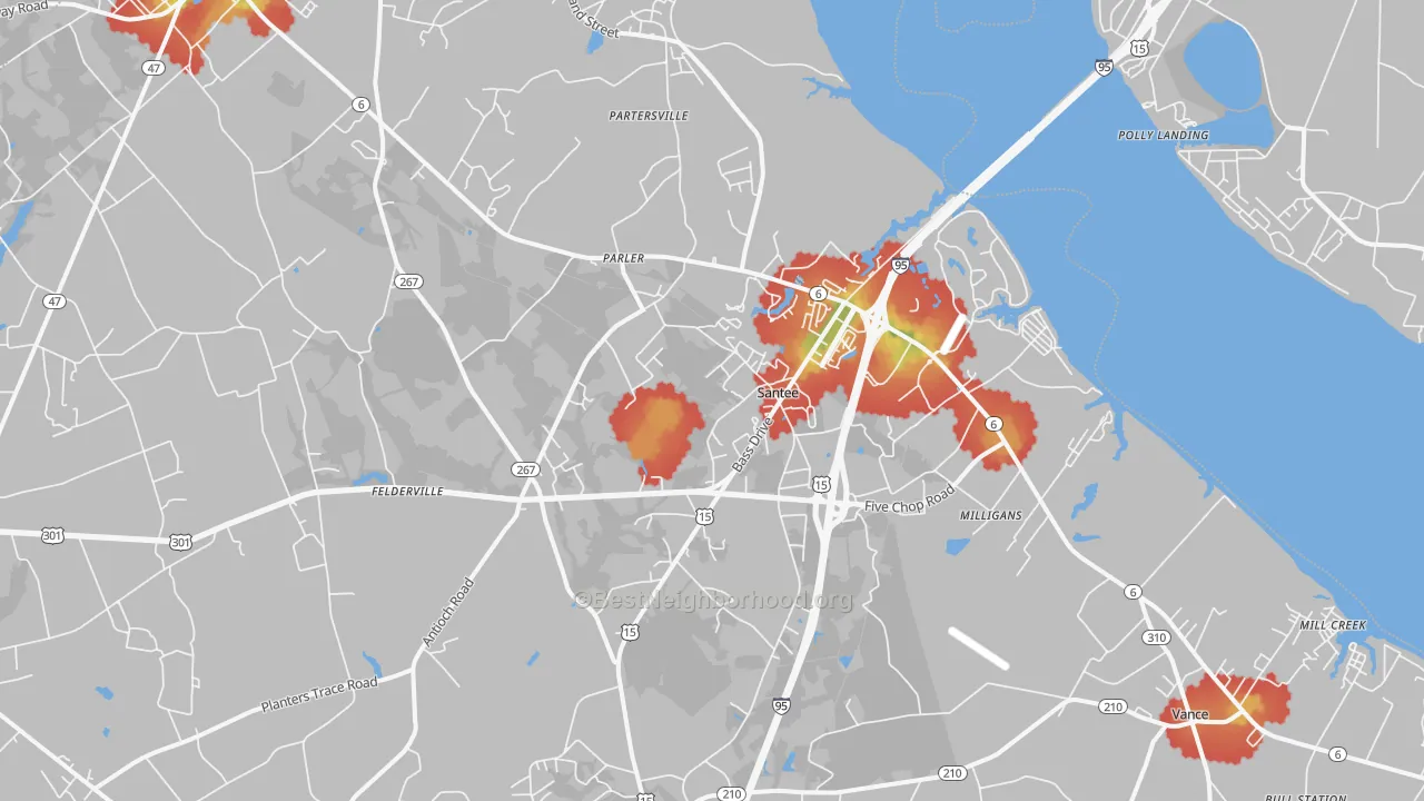 Walk Grade map of Santee, SC, walkable areas in green and car-dependent areas in red