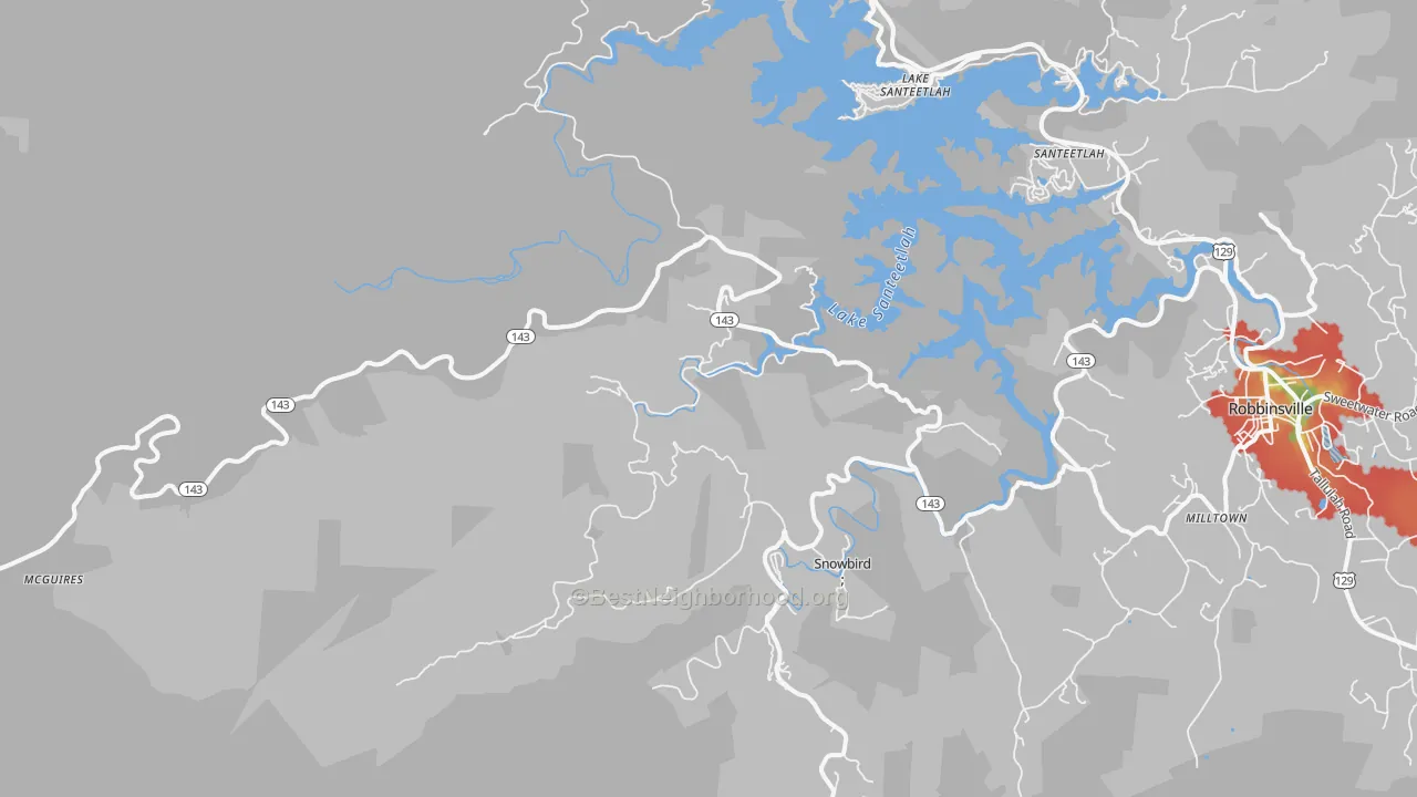 Walk Grade map of Santeetlah, NC, walkable areas in green and car-dependent areas in red