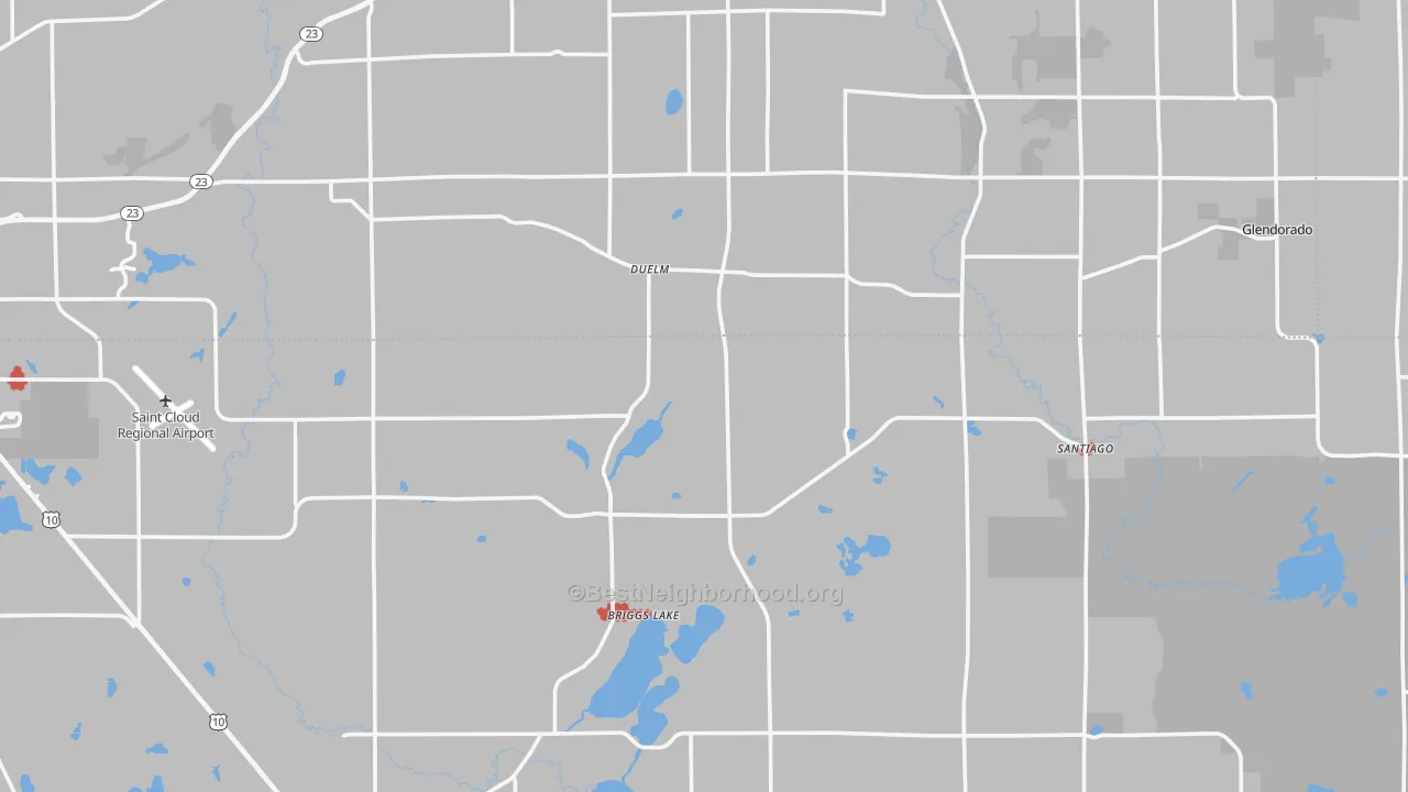 Walk Grade map of Santiago, MN, walkable areas in green and car-dependent areas in red