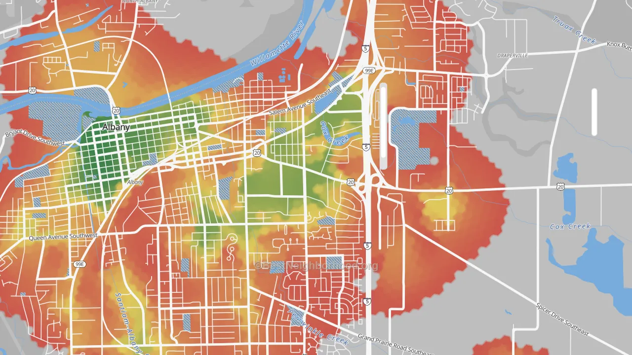 Walk Grade map of Santiam, Albany, OR, walkable areas in green and car-dependent areas in red