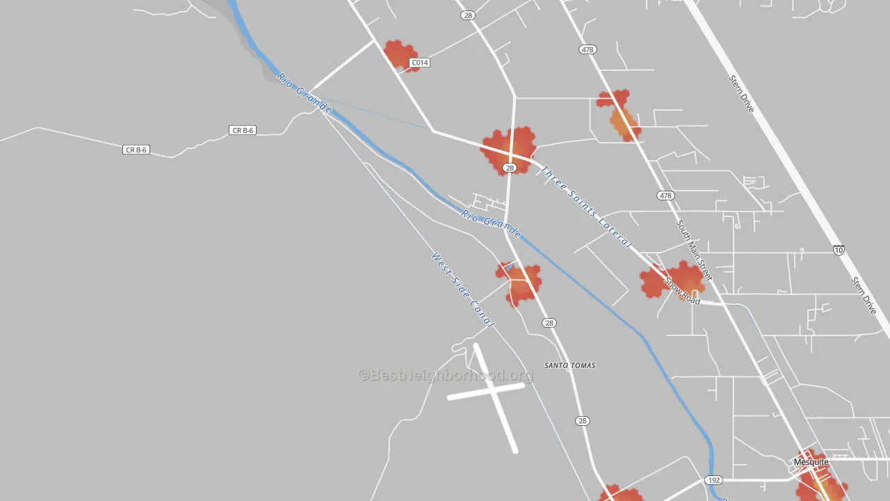 Walk Grade map of Santo Tomas, NM, walkable areas in green and car-dependent areas in red