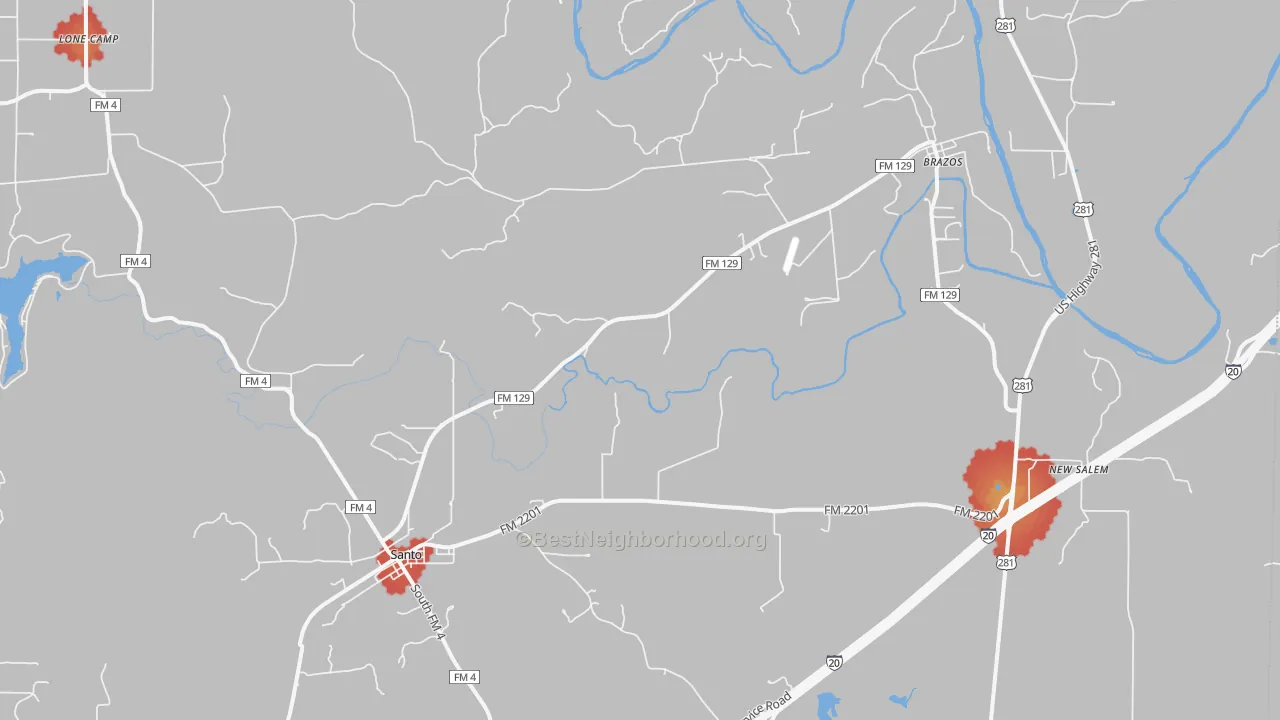 Walk Grade map of Santo, TX, walkable areas in green and car-dependent areas in red