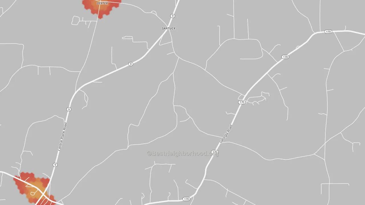 Walk Grade map of Santuck, AL, walkable areas in green and car-dependent areas in red