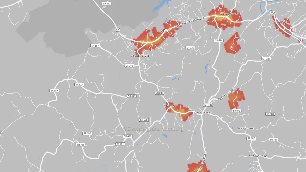 Walk Grade map of Sanville, VA, walkable areas in green and car-dependent areas in red