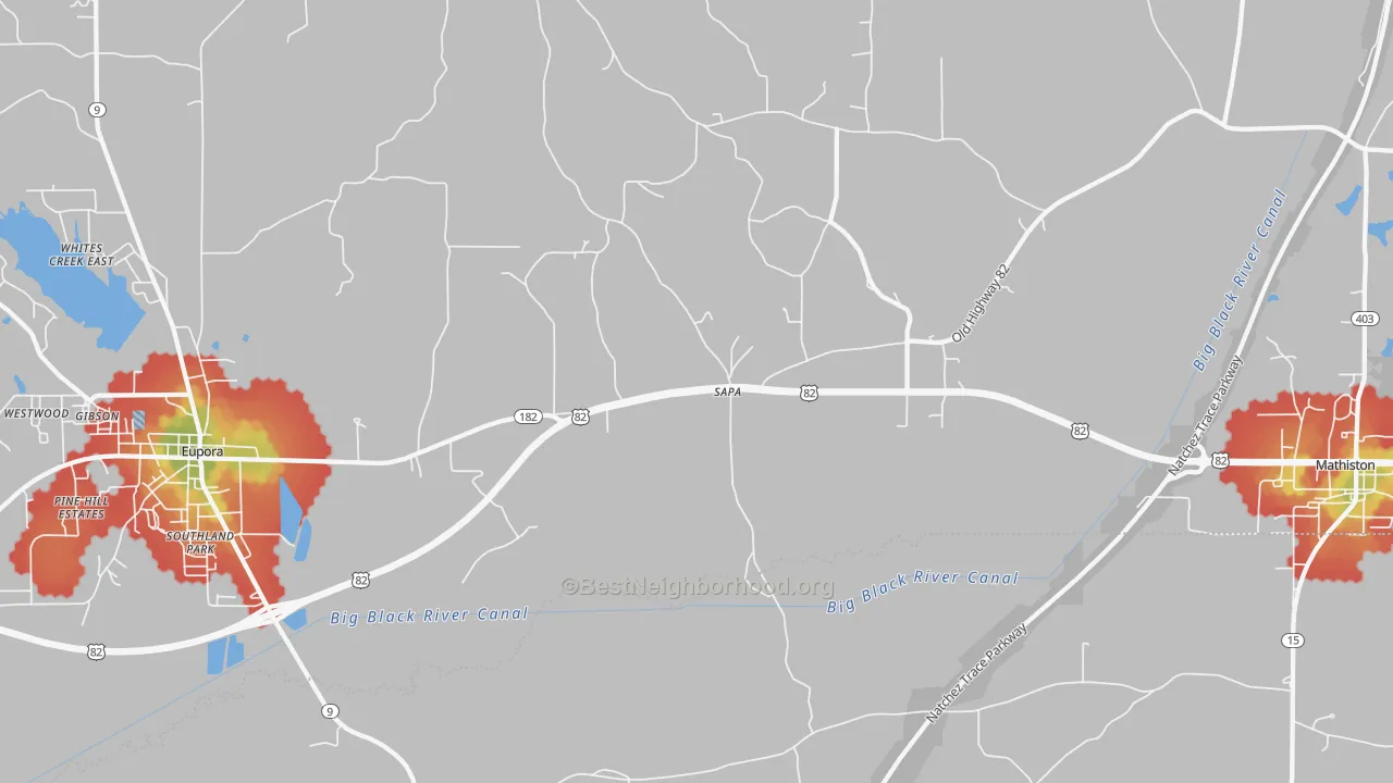Walk Grade map of Sapa, MS, walkable areas in green and car-dependent areas in red
