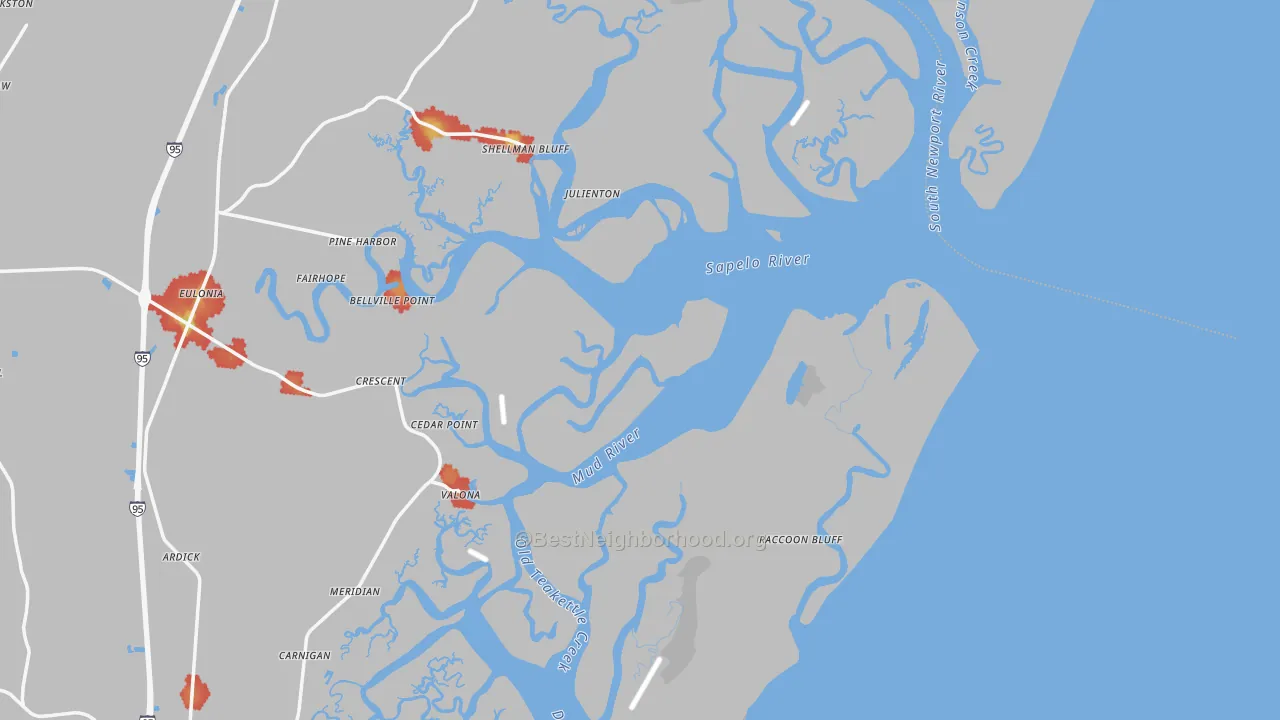Walk Grade map of Sapelo Island, GA, walkable areas in green and car-dependent areas in red
