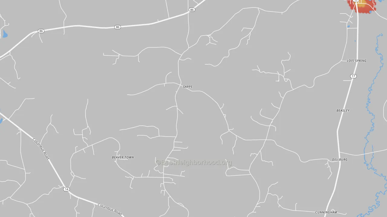 Walk Grade map of Sapps, AL, walkable areas in green and car-dependent areas in red