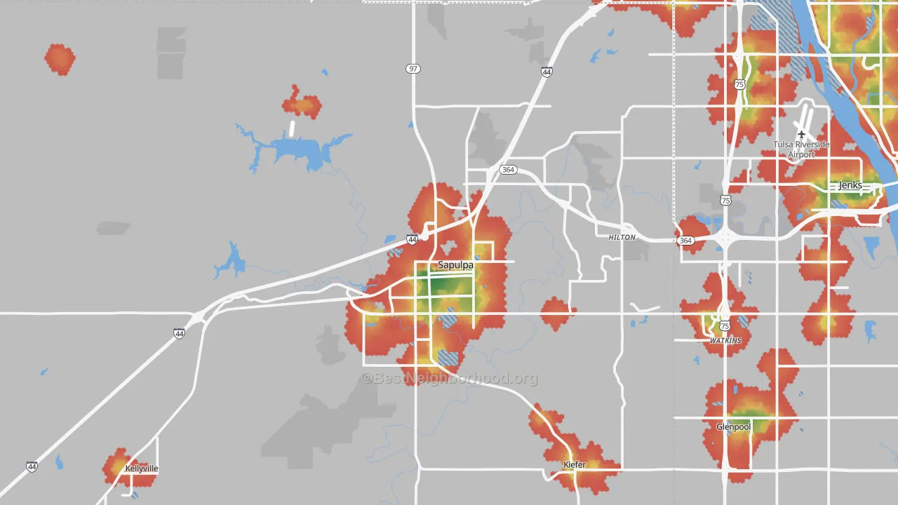Walk Grade map of Sapulpa, OK, walkable areas in green and car-dependent areas in red