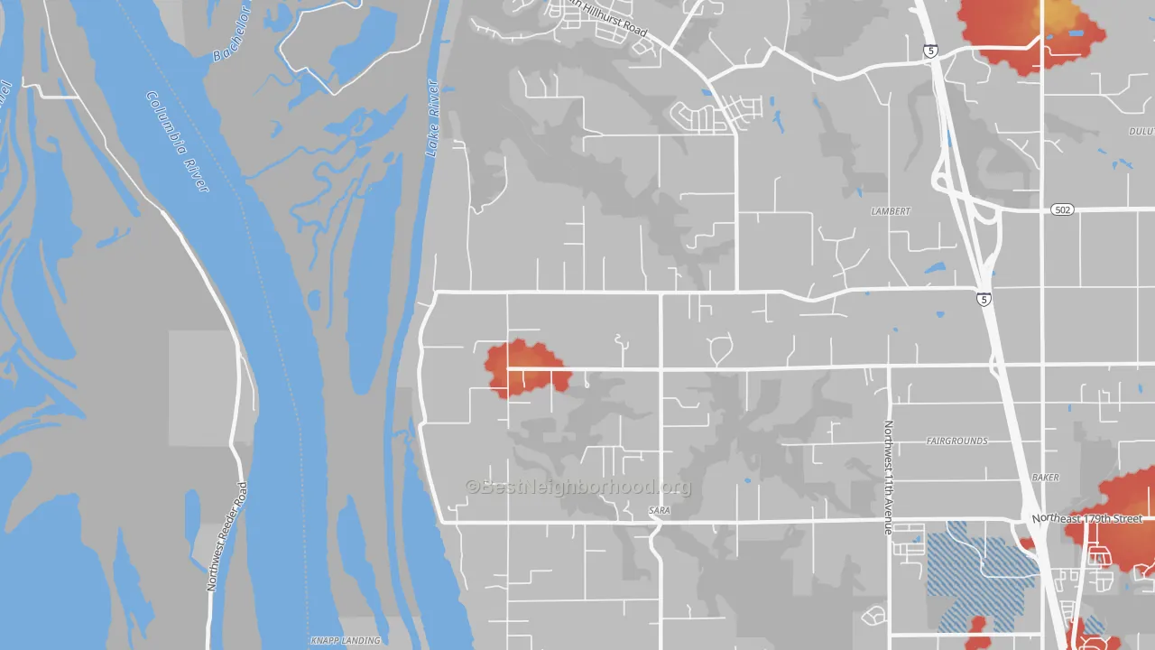 Walk Grade map of Sara, WA, walkable areas in green and car-dependent areas in red