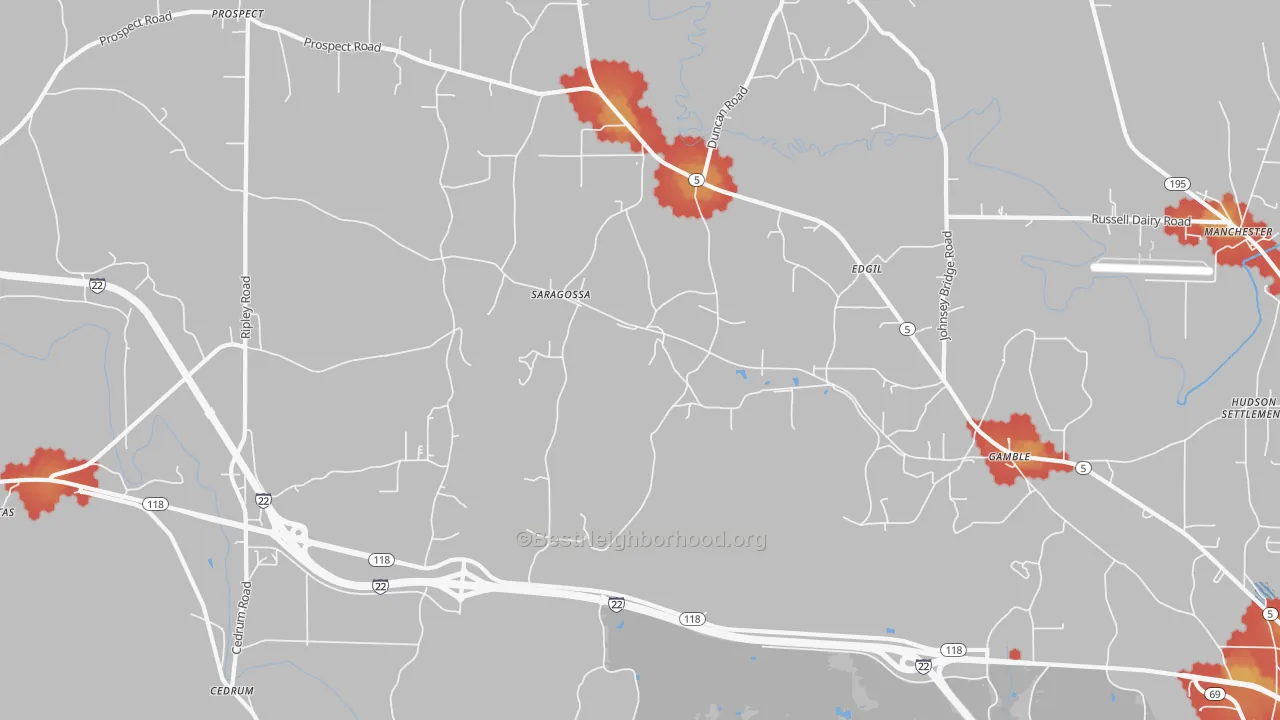 Walk Grade map of Saragossa, AL, walkable areas in green and car-dependent areas in red
