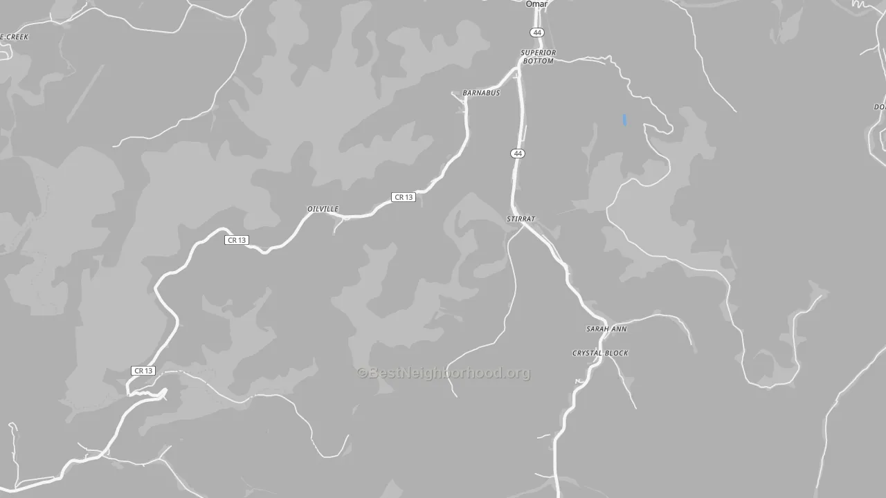 Walk Grade map of Sarah Ann, WV, walkable areas in green and car-dependent areas in red