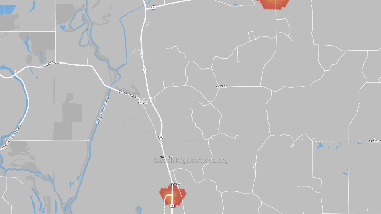 Walk Grade map of Sarah, MS, walkable areas in green and car-dependent areas in red