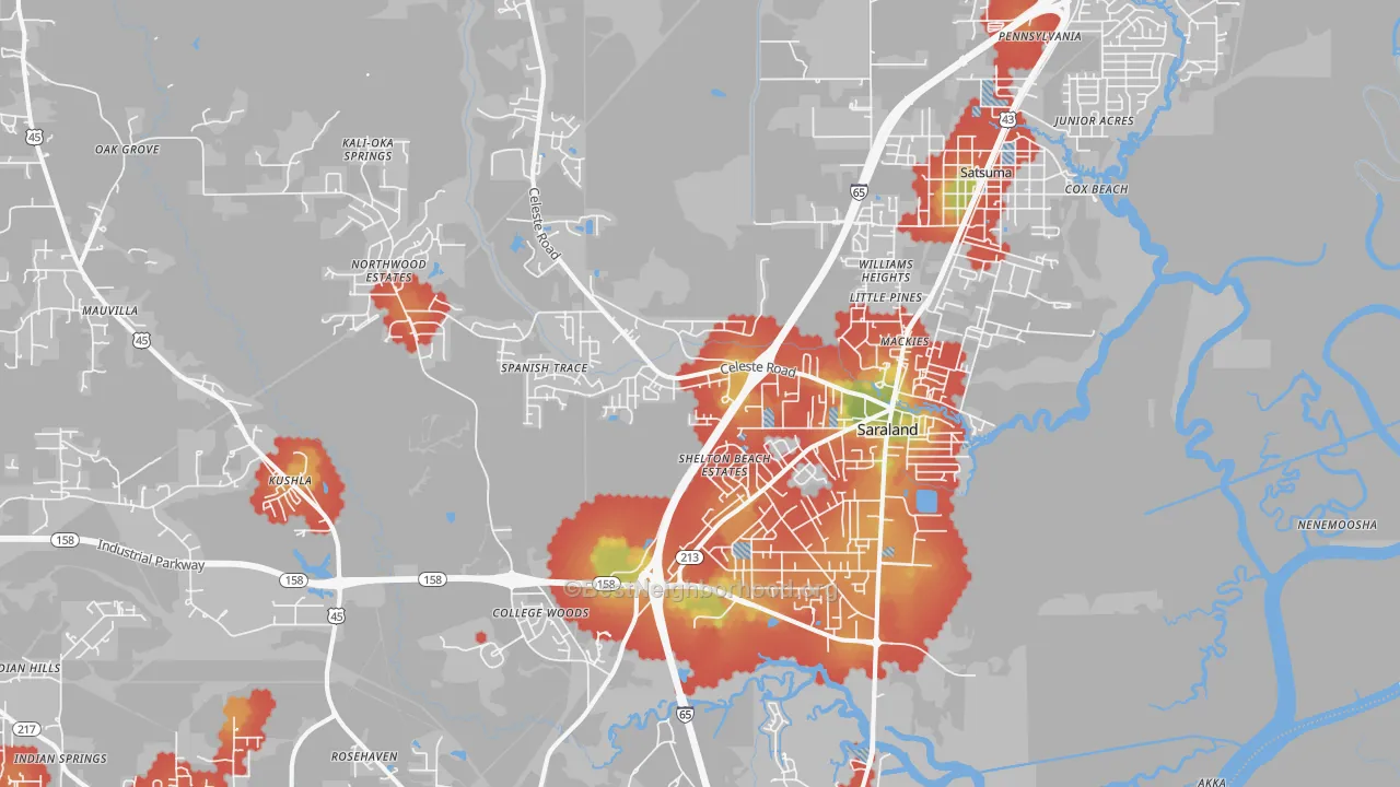 Walk Grade map of Saraland, AL, walkable areas in green and car-dependent areas in red