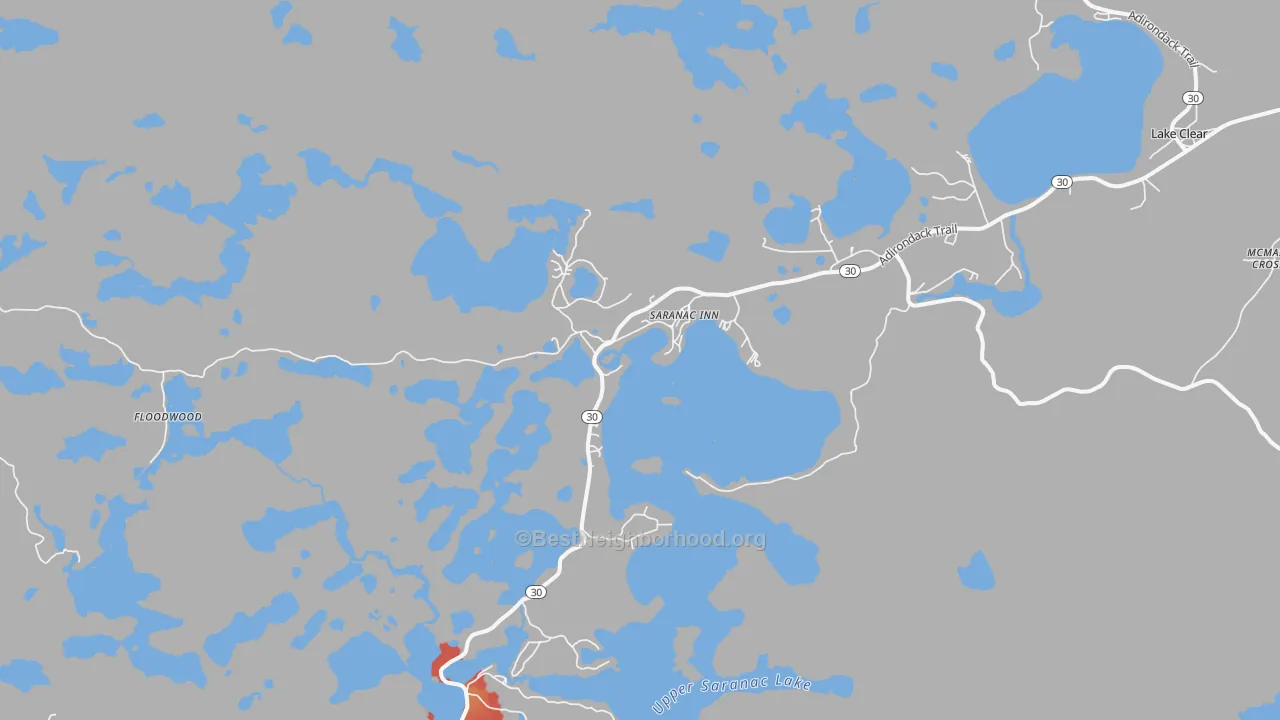 Walk Grade map of Saranac Inn, NY, walkable areas in green and car-dependent areas in red