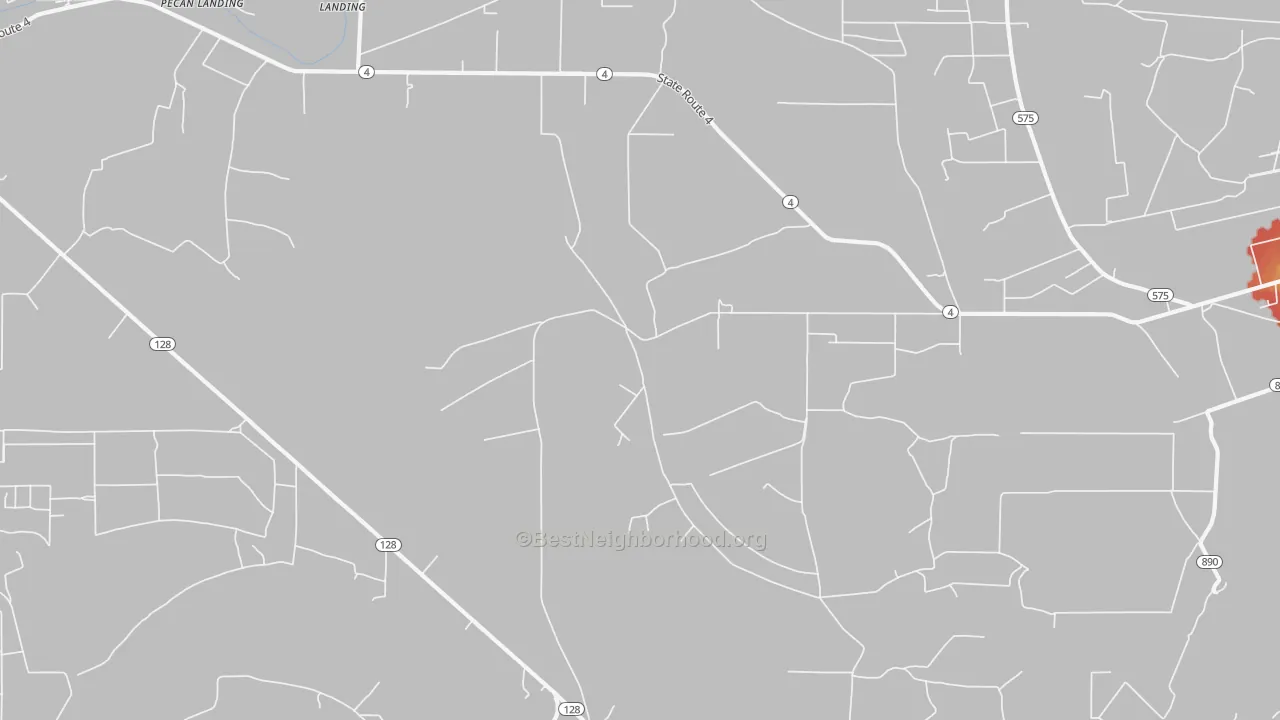 Walk Grade map of Saranac, LA, walkable areas in green and car-dependent areas in red