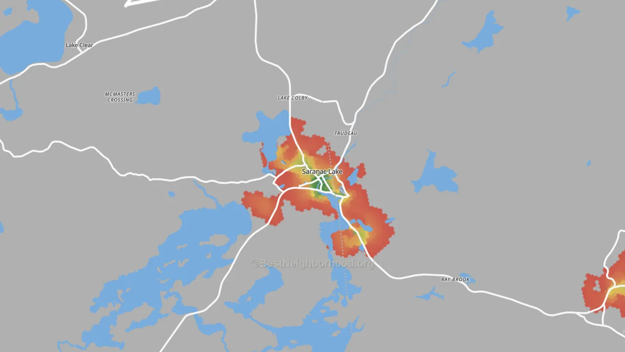 Walk Grade map of Saranac Lake, NY, walkable areas in green and car-dependent areas in red