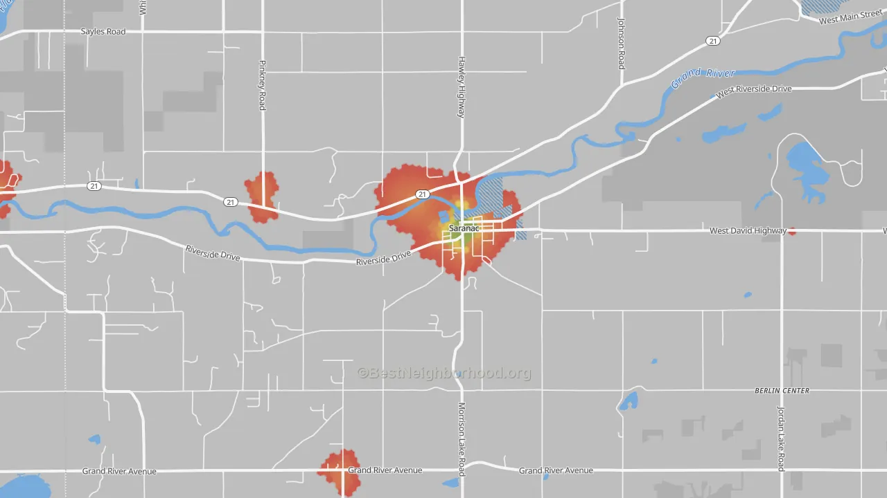 Walk Grade map of Saranac, MI, walkable areas in green and car-dependent areas in red