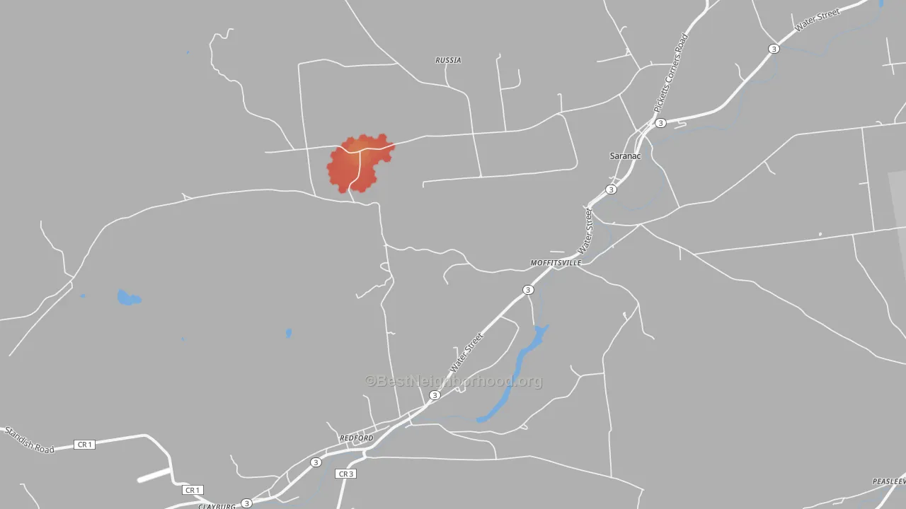 Walk Grade map of Saranac, NY, walkable areas in green and car-dependent areas in red