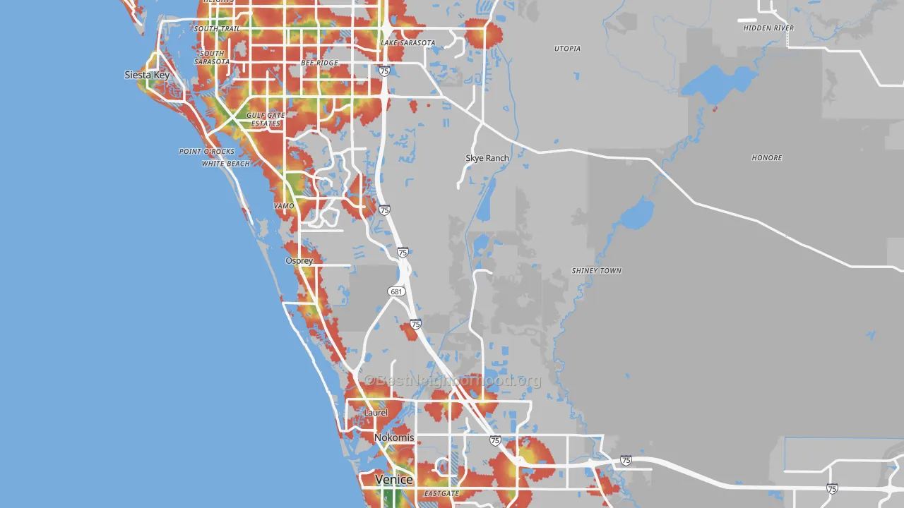 Walk Grade map of Sarasota County, FL, walkable areas in green and car-dependent areas in red