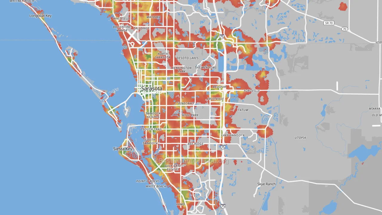 Walk Grade map of Sarasota, FL, walkable areas in green and car-dependent areas in red