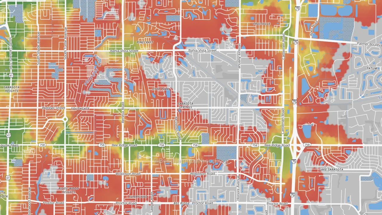 Walk Grade map of Sarasota Springs, FL, walkable areas in green and car-dependent areas in red