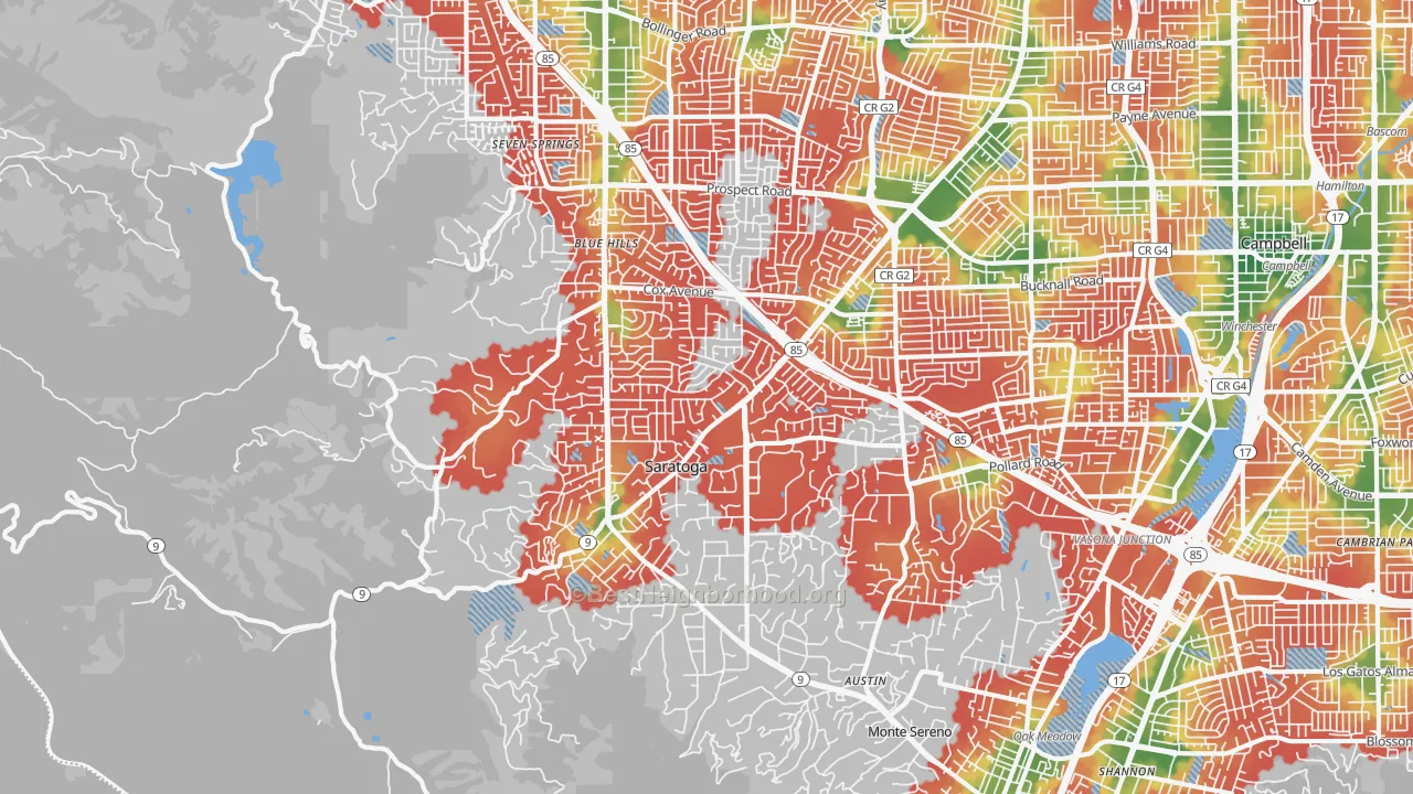 Walk Grade map of Saratoga, CA, walkable areas in green and car-dependent areas in red