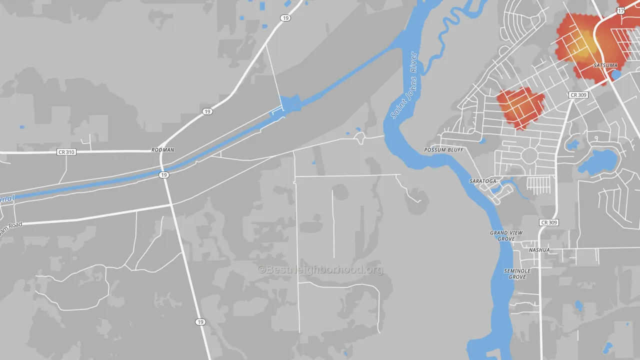 Walk Grade map of Saratoga, FL, walkable areas in green and car-dependent areas in red
