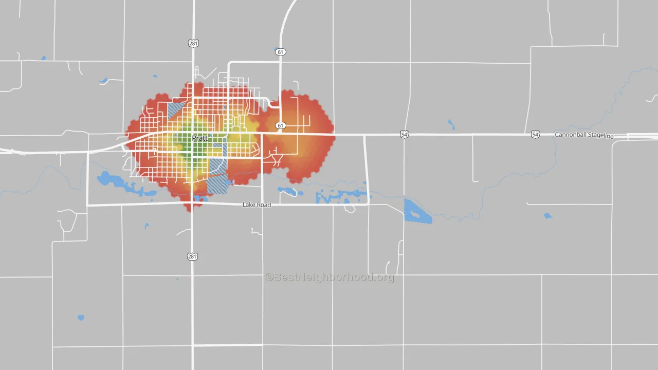 Walk Grade map of Saratoga, KS, walkable areas in green and car-dependent areas in red