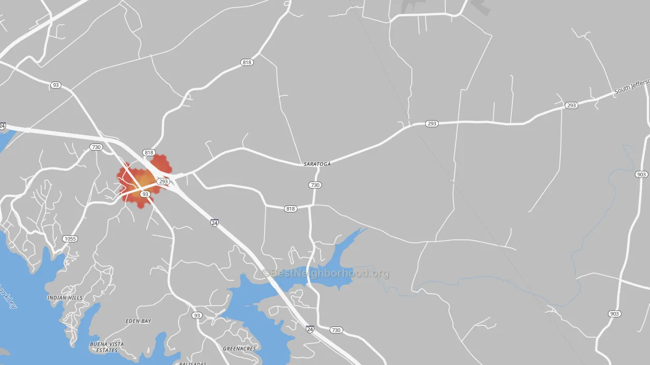 Walk Grade map of Saratoga, KY, walkable areas in green and car-dependent areas in red