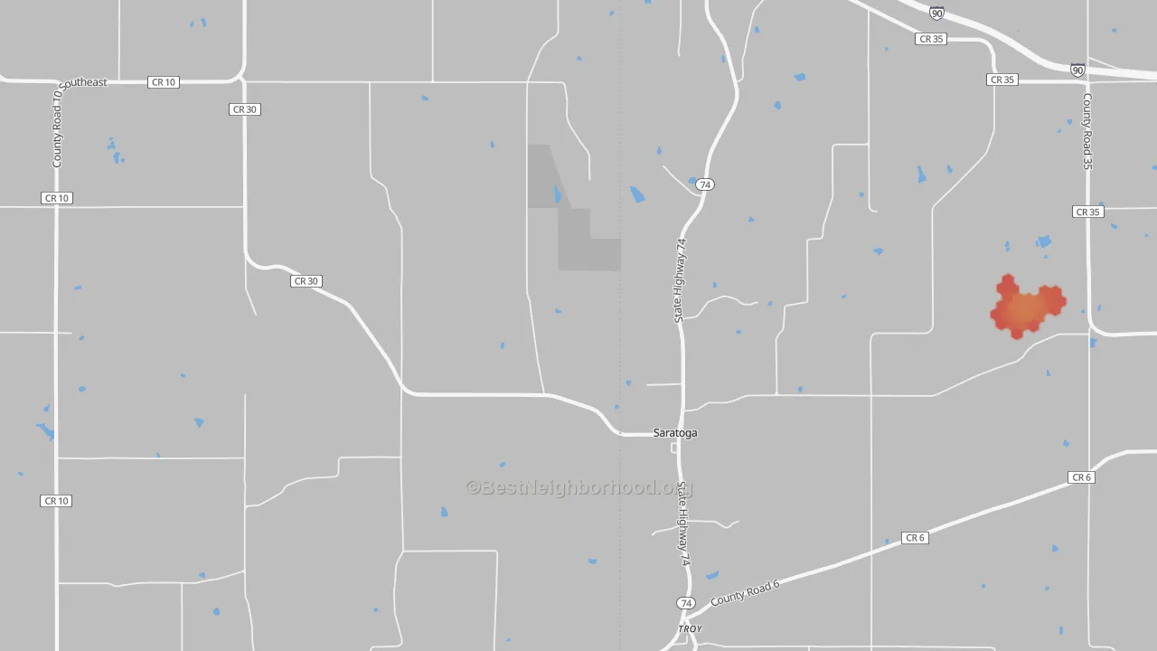 Walk Grade map of Saratoga, MN, walkable areas in green and car-dependent areas in red