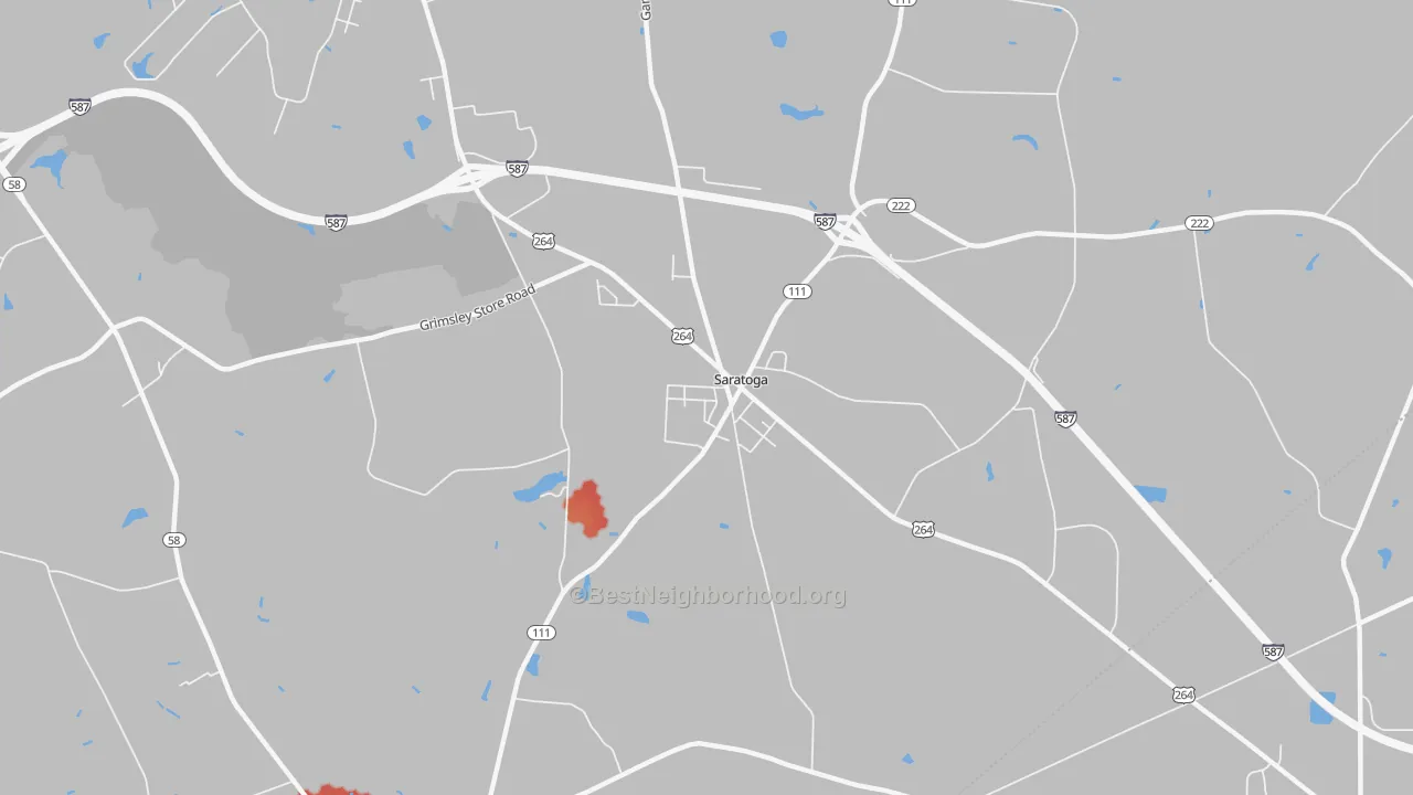 Walk Grade map of Saratoga, NC, walkable areas in green and car-dependent areas in red
