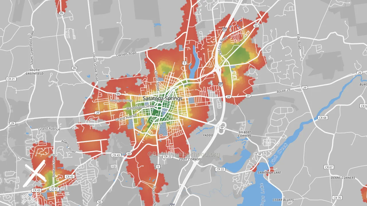 Walk Grade map of Saratoga Springs, NY, walkable areas in green and car-dependent areas in red