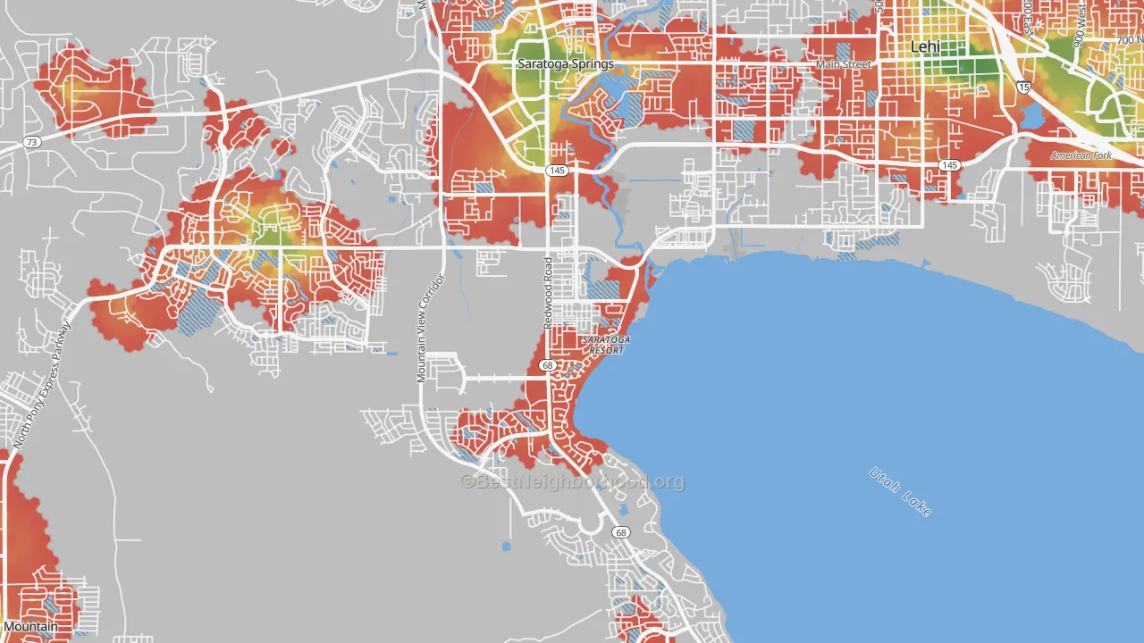 Walk Grade map of Saratoga Springs, UT, walkable areas in green and car-dependent areas in red