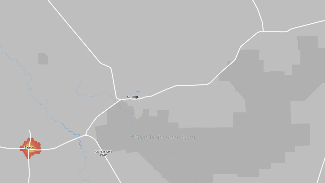Walk Grade map of Saratoga, TX, walkable areas in green and car-dependent areas in red