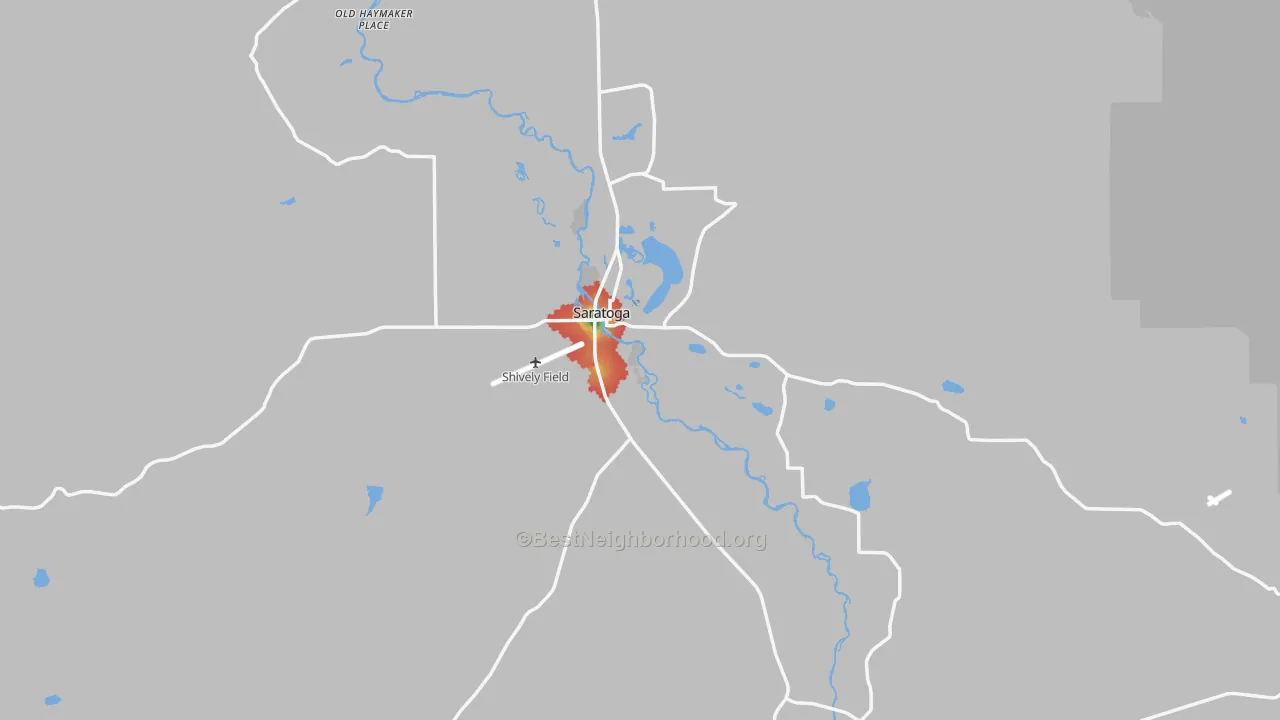 Walk Grade map of Saratoga, WY, walkable areas in green and car-dependent areas in red