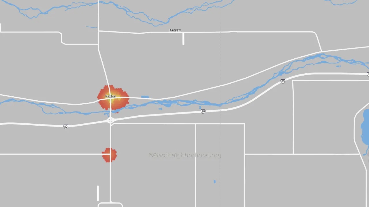 Walk Grade map of Sarben, NE, walkable areas in green and car-dependent areas in red